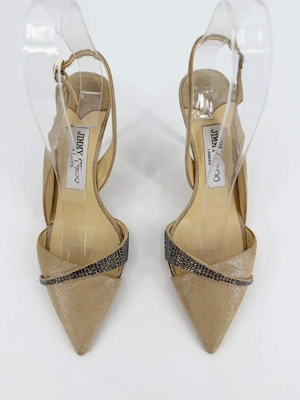 Jimmy Choo Desai Shimmer Beige Crystal Pointed Toe Slingback Pump Heels 37